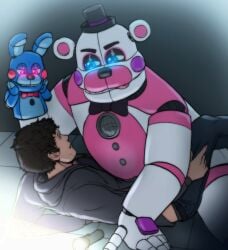 2023 actor animatronic animatronics bear blue_body blue_eyes brown_hair bunny caucasian caucasian_male clothed color colored dark_clothing dark_hair five_nights_at_freddy's five_nights_at_freddy's:_sister_location five_nights_at_freddy's_(film) floor fnaf fully_clothed funtime_freddy funtime_freddy_(fnafsl) gay glowing_eyes josh_hutcherson laying laying_on_ground licking_lips looking_up lying_down male male_only michael_afton mike_schmidt on_bottom on_floor pink_eyes puppet_bonnie_(fnafsl) rabbit robot short_hair spaceandroids stubble white_body
