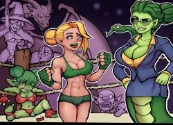 big_breasts boxing_ring dnd dragon dungeons_and_dragons elf_female fighting_ring goblin_female gorgon green_skin markydaysaid midriff skimpy_clothes