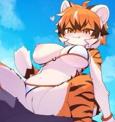 bikini cute devil-vox fur furry innie_pussy mia_(world_flipper) orange_fur orange_sclera pussy tits_out