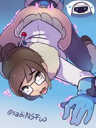 ?! ass blush brown_hair clothed_sex confused dubious_consent female female_only front_view fur_trim glasses mei_(overwatch) no_panties overwatch questionable_consent robot sadisticirony sex snowball_(overwatch) solo surprised