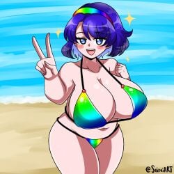 1girls artist_name beach big_breasts bikini blue_eyes blue_hair breasts chimata_tenkyuu cleavage goddess headband light-skinned_female mole mole_under_mouth peace_sign pink_cheeks sand seireiart solo solo_female thick_thighs thighs touhou water watermark
