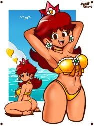 breasts brown_hair female female_only freckles_on_face mario_(series) marodraws nintendo open_mouth princess_daisy solo swimsuit yellow_bikini