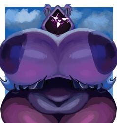 bear big_belly cloud fortnite huge_areola huge_breasts isolatedartest presenting_breasts raven_team_leader sky slightly_chubby smile thick_thighs