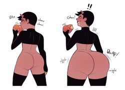 1boy androgynous ass ass_expansion big_ass bottomless demon demon_horns femboy girly horns huge_ass imp jamesab male male_only pear_shaped red_skin solo stockings text thick_thighs thigh_expansion trap western_art wide_hips