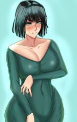1girls belly big_breasts blue_eyes breasts clothed clothing curvy curvy_female dark_hair dress female female female_focus female_only fubuki_(one-punch_man) green_clothing green_eyes isensio light-skinned_female light_skin looking_at_viewer one-punch_man simple_background thick_thighs white_skin wide_ass wide_hips wide_thighs