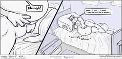 2016 absurd_res anthro areola bed bedding belly big_belly big_breasts blanket bottomless breasts canine claws closed_eyes comic crop_top dialogue english_text faf female fur furry hair hand_on_stomach hetty hi_res long_hair lying mammal navel nipples on_side pillow pussy see-through shirt sleeping solo speech_bubble spread_legs spreading text translucent wolf