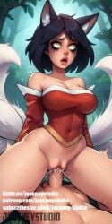 1boy ahe_gao ahri ahri_(league_of_legends) ai-created ai_generated animal_ears animal_tail bangs bare_shoulders black_hair bottomless breasts cleavage clitoris clothing covered_navel cowgirl_position day detached_sleeves english_language english_text facial_mark female fox_ears fox_girl fox_tail jousneystudio large_breasts league_of_legends lips long_sleeves male multiple_tails nakadashi navel nude on_top open_mouth outdoors penetration penis semen sex short_hair solo_focus spread_legs straddling straight tail teeth text thighs tongue tree uncensored vagina vaginal_penetration watermark whisker_markings yellow_eyes
