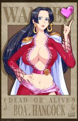 1girls big_breasts black_hair blue_eyes boa_hancock clothed clothing color female female_focus female_only hi_res inner_sideboob jewelry large_breasts light-skinned_female light_skin long_hair looking_at_viewer one_piece shounen_jump solo solo_female tacozama tagme thick_thighs wanted_poster