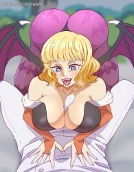 1boy 1girls ass big_ass big_breasts big_butt blonde_hair blue_eyes blush breasts bulge cleavage cosplay darkstalkers fangs female huge_ass huge_breasts large_ass large_breasts lokidrawsart looking_at_viewer male male/female morrigan_aensland_(cosplay) one_piece open_mouth paizuri partial_male penis short_hair shounen_jump straight stussy_(one_piece) titjob vampire vampire_girl wings