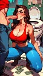 1boy 1boy1girl 1girls ai_generated ass big_ass big_breasts bimbo blowjob breasts brown_hair busty darkimperium hooker kneeling money restroom tagme thick thick_ass thick_thighs thighs voluptuous voluptuous_female wide_hips