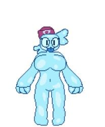 1girls animated big_breasts blue_body blue_hair brawl_stars female pixel_animation pixel_art pumkinz6 pumpkinz6 rule_63 solo squeak_(brawl_stars) tongue white_background