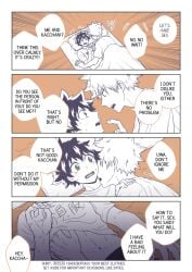 2boys assertive_male bakugou_katsuki boku_no_hero_academia dialogue english_text futon gay hand_under_clothes hand_under_shirt inviting inviting_to_sex izuku_midoriya katsuki_bakugou lifting_shirt lying_on_back male male/male midoriya_izuku my_hero_academia neck_kiss reluctant speech_bubble spiky_hair suggestive suggestive_dialogue undressing undressing_another yaoi