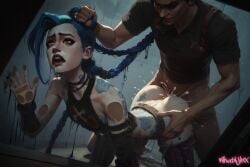 1boy ai_generated arcane arcane_jinx athletic_female bending_over blue_hair cum_in_pussy cumshot doggy_style drooling female forced from_behind gen: hair_grab helpless human jinx_(league_of_legends) league_of_legends light-skinned_male partially_clothed purple_eyes rape standing_sex twin_braids whatajinx