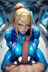 ai_generated angry big_breasts big_penis black_male blonde_hair blue_eyes disgusted gigantic_penis huge_breasts huge_cock imminent_fellatio imminent_oral metroid on_knees ponytail pov rcally samus_aran spacecraft
