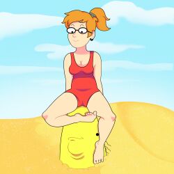 2024 adult_swim bags_under_eyes barefoot beach black_eyes blue_sky breasts buried buried_in_sand charlie_(smiling_friends) clouds comic_panel curling_toes dot_eyes double_chin facesitting ginger_hair glasses in_public landscape one-piece_swimsuit orange_hair outlines ponytail red_swimsuit sand scrunchie shaded shaded_background small_breasts smiling smiling_at_partner smiling_friends stinkify swimsuit white_skin white_skinned_female yellow_skin zoey_(smiling_friends)