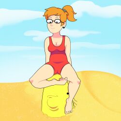 2020s 2024 adult_swim bags_under_eyes barefoot beach black_eyes blue_sky breasts buried buried_in_sand charlie_(smiling_friends) clouds comic_panel curling_toes dot_eyes double_chin facesitting female ginger_hair glasses in_public landscape one-piece_swimsuit orange_hair outlines ponytail red_swimsuit sand scrunchie shaded shaded_background small_breasts smiling smiling_at_partner smiling_friends stinkify swimsuit white_skin white_skinned_female yellow_skin zoey_(smiling_friends)