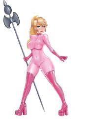 1girls blonde_hair blue_eyes bodysuit female iron_doomer latex latex_armwear latex_bodysuit latex_boots latex_clothing latex_gloves latex_legwear latex_suit latex_thighhighs mario_(series) princess_peach short_hair