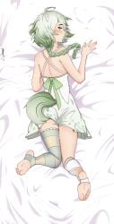 1girls animal_ears back back_view bed braid clothed clothing dakimakura dress feet feet_up female_only ferret ferret_girl green_eyes green_highlights indie_virtual_youtuber laimu laying_down looking_at_viewer mismatched_legwear socks solo suggestive tail thighs virtual_youtuber vtuber white_background white_hair