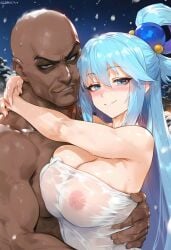 1boy 1girls ai_generated bare_arms bare_shoulders big_breasts blue_eyes blue_hair blush color dark-skinned_male dark_skin female hi_res interracial large_breasts light-skinned_female light_skin long_hair looking_at_viewer male male/female muscles muscular muscular_male nipples_visible_through_clothing tagme thick_thighs towel wet