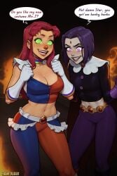 2girls ai_generated bookoflustfan brainwashing cleavage clown clown_girl clown_makeup clown_nose corruption cosplay costume dc_comics english_text female female_only hypnosis identity_death mind_control multiple_girls nipple_pasties raven_(dc) speech_bubble starfire staring teen_titans text