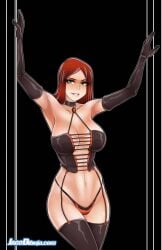 1girls 2020 2d arms_up elbow_gloves female female_only gloves jago_dibuja large_breasts lingerie living_with_hipstergirl_and_gamergirl milf red_hair solenne_(living_with_hipstergirl_and_gamergirl) solo solo_female standing stockings yellow_eyes