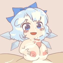1boy 1girls accurate_art_style animated areolae ben_tttt blue_eyes blue_hair blush breasts chibi chibi_style cirno closed_mouth cum cum_everywhere cum_on_breasts cum_on_face cum_on_hair cum_on_penis cum_on_stomach ejaculation fairy gyate_gyate hairbow huge_breasts ice_wings meme nipples no_sound paizuri penis pov short_hair simple_background smile sound_request tagme too_much_cum touhou video wings