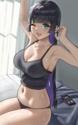 anteiru armpits arms_up bare_arms bare_shoulders black_hair black_nails black_panties blunt_bangs blunt_ends blush bocchi_the_rock! breasts camisole cellphone cleavage colored_inner_hair commentary_request crop_top female green_eyes highres indoors labret_piercing large_breasts long_hair multicolored_hair nail_polish navel navel_piercing one_eye_closed open_mouth pa-san panties phone piercing purple_hair sidelocks sitting smartphone solo stomach straight_hair tearing_up thighs two-tone_hair underwear very_long_hair waking_up