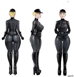 1girls arms_behind_back big_breasts black_clothing blonde_hair boots cap cape character_sheet curvy curvy_female curvy_figure female footwear front_view full_body galactic_empire_insignia gloves hair hat headgear heel_boots heels high_heels imperial_officer iron_doomer knee_boots latex latex_armwear latex_bodysuit latex_gloves latex_legwear latex_suit latex_thighhighs light-skinned_female light_skin long_gloves military_uniform multiple_views plain_background platform_heels pose rear_view shiny_clothes shiny_skin shoes side_view standing star_wars thick_thighs tied_hair uniform white_background