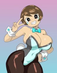 1girls 2025 black_eyes blue_clothing blush bow bow_tie breasts brown_hair busty busty_female cryo_ranger_(tdx) female gradient_background hand_on_hip huge_breasts overflowing_breasts peace_sign ring ring_(jewelry) roblox solo solo_female thick_thighs tower_defense_x traced traced_art