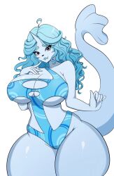 1girls 2024 anthro big_breasts blue_hair brown_eyes dewgong female female_only generation_1_pokemon hi_res horn long_hair looking_at_viewer nintendo oerba_yun_fang pokemon pokemon_(species) prumichka smiling smiling_at_viewer solo swimsuit tail thick_thighs white_background