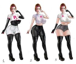 1girls big_breasts bodysuit female ginger_(iron_doomer) iron_doomer latex latex_bodysuit latex_boots latex_clothing latex_gloves latex_legwear latex_stockings latex_suit latex_thighhighs pokemon red_hair team_rocket team_rocket_(cosplay) thick_ass thick_thighs