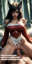 1boy ahri ahri_(league_of_legends) ai-created ai_generated animal_ears artist_name bare_shoulders black_hair blurry blurry_background breasts cleavage clitoris clothing cowgirl_position detached_sleeves dress facial_mark female forest fox_ears fox_girl fox_tail jousneystudio large_breasts league_of_legends lips long_hair long_sleeves looking_at_viewer makeup male nature nude on_top original outdoors parted_lips patreon_username penis pov red_dress sex slit_pupils solo_focus spread_legs straddling straight tail thighs torn_clothes tree uncensored underwear vagina vaginal_penetration veins watermark web_address whisker_markings white_panties yellow_eyes