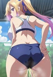 ai_generated ass ass_focus bare_legs big_ass big_breasts big_butt blonde_hair dat_ass fat_ass golden_shower gym_clothes gym_uniform hair_ribbon huge_breasts huge_thighs in_search_of_holy_water kawakami_mai light-skinned_female light_skin looking_back massive_breasts multicolored_hair musaigen_no_phantom_world peeing purple_eyes side_ponytail smiling solo_female squatting sweat sweatdrop thick_thighs thighs urinating urinating_female urination urine voluptuous voluptuous_female