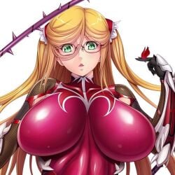 aoi_nagisa_(artist) battle_suit blonde_hair bodysuit color eyebrows_visible_through_hair female female_focus female_only fishnet_gloves game_cg gauntlets glasses green_eyes hair_between_eyes hair_ornament huge_breasts kosaka_shizuru long_hair looking_at_viewer open_mouth petals red_bodysuit spiked_whip taimanin_(series) taimanin_rpgx tight_bodysuit tight_clothing twintails whip white_background