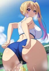 ai_generated ass ass_focus bare_legs big_ass big_breasts big_butt blonde_hair dat_ass fat_ass golden_shower gym_clothes gym_uniform hair_ribbon huge_breasts huge_thighs in_search_of_holy_water kawakami_mai light-skinned_female light_skin looking_back massive_breasts multicolored_hair musaigen_no_phantom_world peeing purple_skin side_ponytail smiling squatting sweat sweatdrop thick_thighs thighs urinating urinating_female urination urine voluptuous voluptuous_female