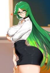 1girls ai_generated ass bangs black-framed_eyewear black_clothes black_skirt blurry blush breasts choker clothing collared_shirt curvaceous curvaceous_female curvaceous_figure curvy curvy_figure dress_shirt eyewear female female female_focus female_only floxin glasses goddess green_eyes green_hair heart huge_breasts inviting inviting_to_sex kid_icarus large_breasts long_hair long_sleeves looking_at_viewer nail_polish nintendo office_lady palutena pencil_skirt presenting presenting_ass presenting_breasts presenting_hindquarters resenting_anus seductive seductive_look seductive_smile shirt skirt sleeves_rolled_up smile solo standing teacher thick_thighs thighs very_long_hair voluptuous voluptuous_female white_shirt