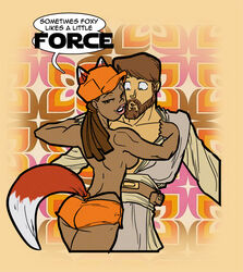 1boy 1girls animal_ears bare_shoulders beard black_eyes blue_eyes brown_hair clothing color colored crossover dark-skinned_female dark_skin dialogue drawn_together english_text facial_hair female fox_ears fox_tail foxxy_love hair hat headgear long_hair looking_back male obi-wan_kenobi open_mouth ponytail rabies-t-lagomorph sci-fi science_fiction scifi short_hair sideboob smile speech_bubble star_wars straight tail text thong tied_hair topless uncensored