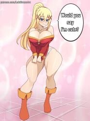 bare_arms bare_legs bare_shoulders bare_thighs big_breasts blonde_hair blue_eyes blush breasts_bigger_than_head clothed clothing color darkness_(konosuba) english_text female female_focus female_only hi_res kono_subarashii_sekai_ni_shukufuku_wo! large_breasts light-skinned_female light_skin lokidrawsart long_hair megumin_(cosplay) panties solo solo_female tagme text text_bubble thick_thighs
