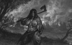 artistic_nude artistic_nudity background battle breasts_out digital_painting_(artwork) female female_focus female_only grayscale greyscale holding_weapon huge_breasts justsomenoob large_breasts monochrome muscle_girl muscle_mommy muscular muscular_female nonsexual nonsexual_nudity pinup severed_head shirtless_female solo_female toned_female warrior