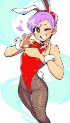 <3 1girls blush bunny_ears bunny_ears_(cosmetic) bunny_tail bunnysuit capcom darkstalkers detached_collar female female_only fishnet_pantyhose flat_chest hi_res lilith_aensland looking_at_viewer neck_ribbon pantyhose purple_hair qewie red_eyes short_hair smiling smiling_at_viewer solo succubus teeth_showing wink winking_at_viewer wrist_cuffs