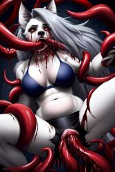 blood blue_bra dark_shorts loona_(helluva_boss) oral_penetration red_eyes tentacle tentacle torn_clothes torn_clothing vaginal_penetration