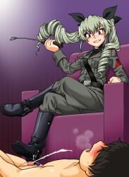 1boy 1girl1boy 1girls anchovy anchovy_(girls_und_panzer) artist_request bootjob boots calf_boots femdom foot_fetish girls_und_panzer grin grinning holding_whip knee_boots leather_boots malesub military_uniform riding_crop