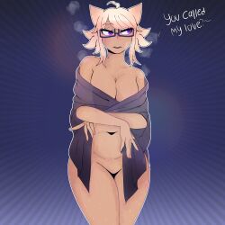 glasses pink_hair purple_eyes raccoon_girl towel_only