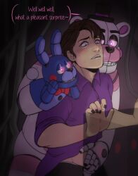 2022 animatronic animatronics bear black_nail_polish black_nails blue_body blue_eyes brown_hair bunny caucasian color colored colored_nails english_text fear five_nights_at_freddy's five_nights_at_freddy's:_sister_location fnaf fnaf_sister_location funtime_freddy funtime_freddy_(fnafsl) gay hand_on_stomach heart-shaped_pupils looking_down male male_only michael_afton painted_nails pale-skinned_male pale_skin puppet_bonnie_(fnafsl) purple_shirt rabbit robot rolled_up_sleeves short_hair spaceandroids sweat sweating text twink undressing_another unzipped_pants white_body