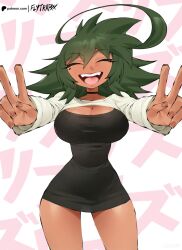 1girls bare_legs bare_thighs big_breasts clothed clothing color dark-skinned_female dark_skin female female_focus female_only flytrapxx green_hair hi_res large_breasts liz_(flytrapxx) open_mouth original_character short_hair solo solo_female tagme thick_thighs