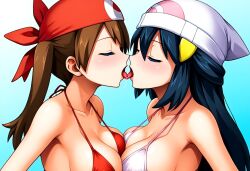 2girls ai_generated big_breasts bikini blue_eyes blue_hair brown_hair civitai dawn_(pokemon) french_kiss headwear kissing kissing large_breasts lesbian_kiss may_(pokemon) pokemon tongue_kiss yuri