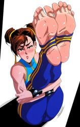 1girls 2024 absurd_res blush brown_eyes brown_hair capcom chun-li feet female female_only fitiddies flexible hair_buns holding_legs legs_up looking_at_viewer solo spiked_bracelet street_fighter street_fighter_alpha toeless_legwear twin_buns