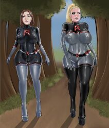 2girls big_breasts bodysuit comic comic_page iron_doomer latex latex_armwear latex_bodysuit latex_boots latex_clothing latex_gloves latex_legwear latex_suit latex_thighhighs pokemon team_rocket team_rocket_(cosplay) team_rocket_uniform thick_ass thick_thighs