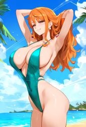 1girls ai_generated bare_arms bare_shoulders bare_thighs beach big_breasts blush clothed clothing color female female_focus female_only geo-san geosan hi_res large_breasts light-skinned_female light_skin long_hair looking_at_viewer nami nami_(one_piece) one-piece_swimsuit one_piece orange_eyes orange_hair sand sea shounen_jump solo solo_female swimwear tagme thick_thighs water