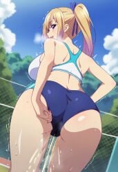 ai_generated ass bare_legs big_ass big_breasts big_butt blonde_hair dat_ass fat_ass golden_shower gym_clothes gym_uniform hair_ribbon huge_breasts huge_thighs in_search_of_holy_water kawakami_mai light-skinned_female light_skin looking_back massive_breasts multicolored_hair musaigen_no_phantom_world peeing purple_eyes side_ponytail smiling squatting sweat sweatdrop thick_thighs thighs urinating urinating_female urination urine voluptuous voluptuous_female